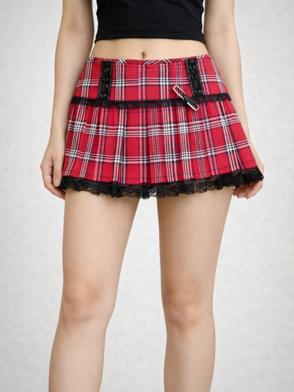 Tripp NYC Red Plaid Lace Mini Skirt – Y2K Punk Goth Safety Pin – NWT Size Small